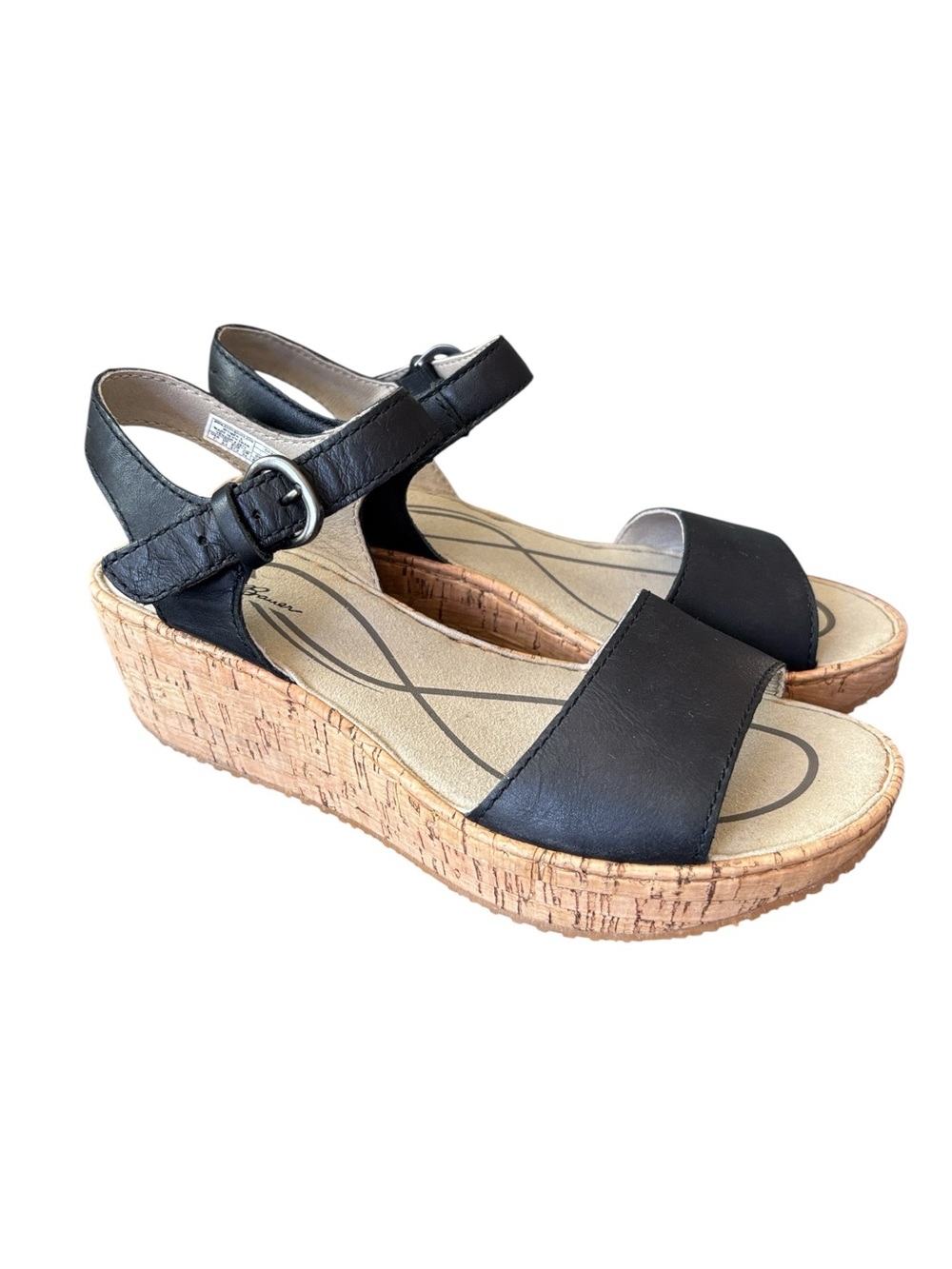 Eddie Bauer Kara‎ Cork Wedge Heel Sandals Ankle Strap Black Leather Size 7